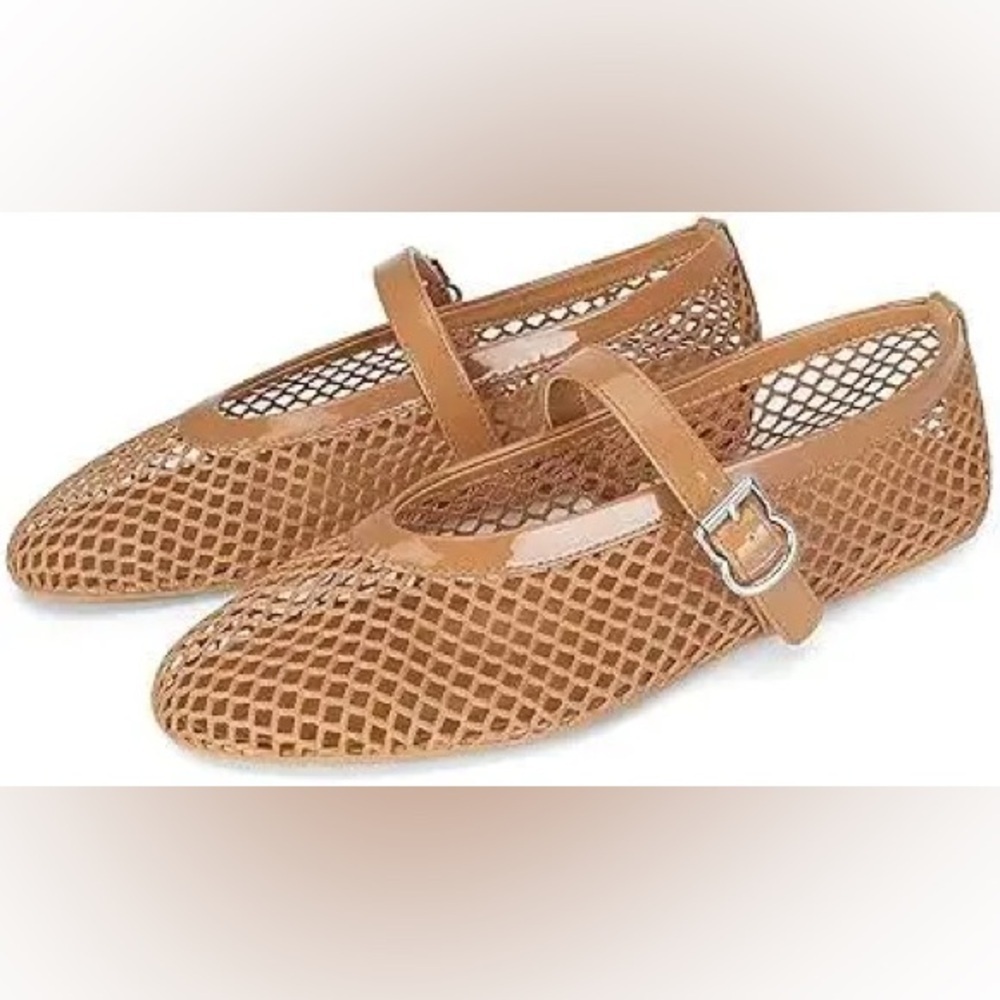 Tan Mesh Round Toe Ballet Flats